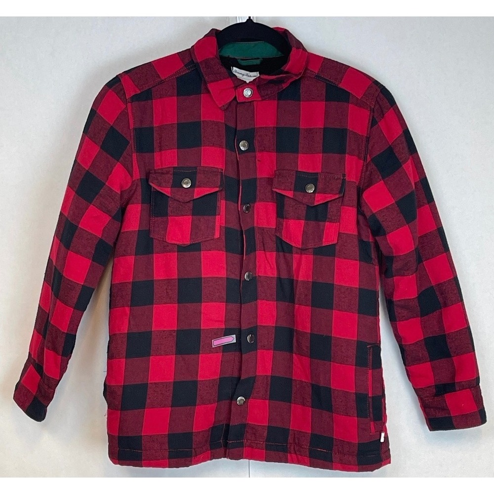 TOMMY BAHAMA Shacket Shirt Jacket Kids XL 14 Red Buffalo Plaid Sherpa Lined Snap